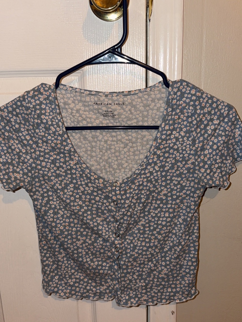 Small American Eagles Blue Floral Button-Front Crop Top